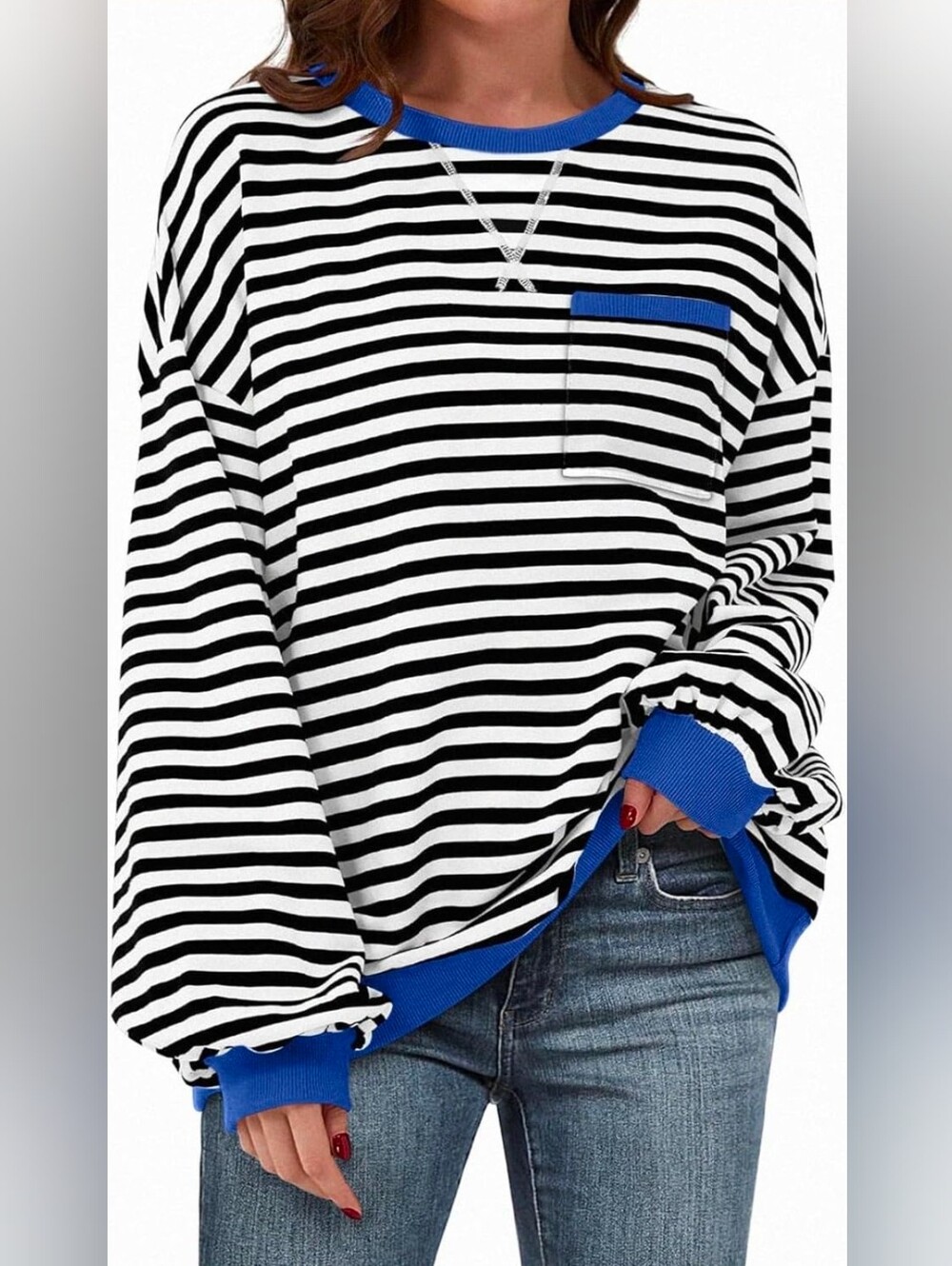 NWT -TARSE Oversized Crewneck Sweatshirt Women Dropped Shoulders Striped Shirt